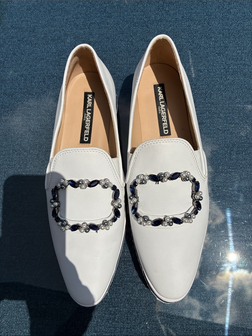 Karl Lagerfeld White Slip-On Loafers with Pearl & Navy Crystal Buckle